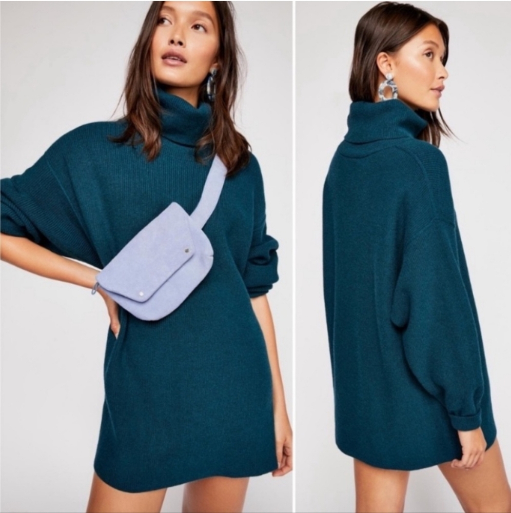 Free People Thick Warm Teal Pullover Turtleneck Funnelneck Tunic Knit Sweater XL